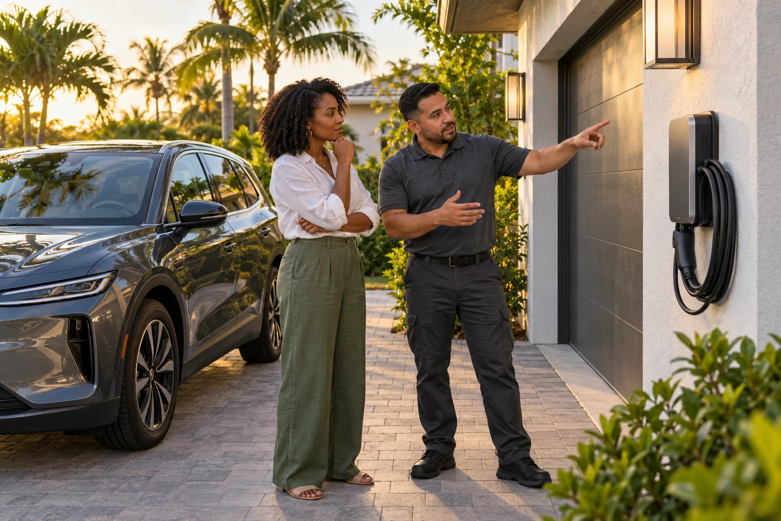 A Black woman homeowner and Latino electrical professional discussing a home EV charger. Illustrative concept, not actual WiseMinds staff, customers or completed work.