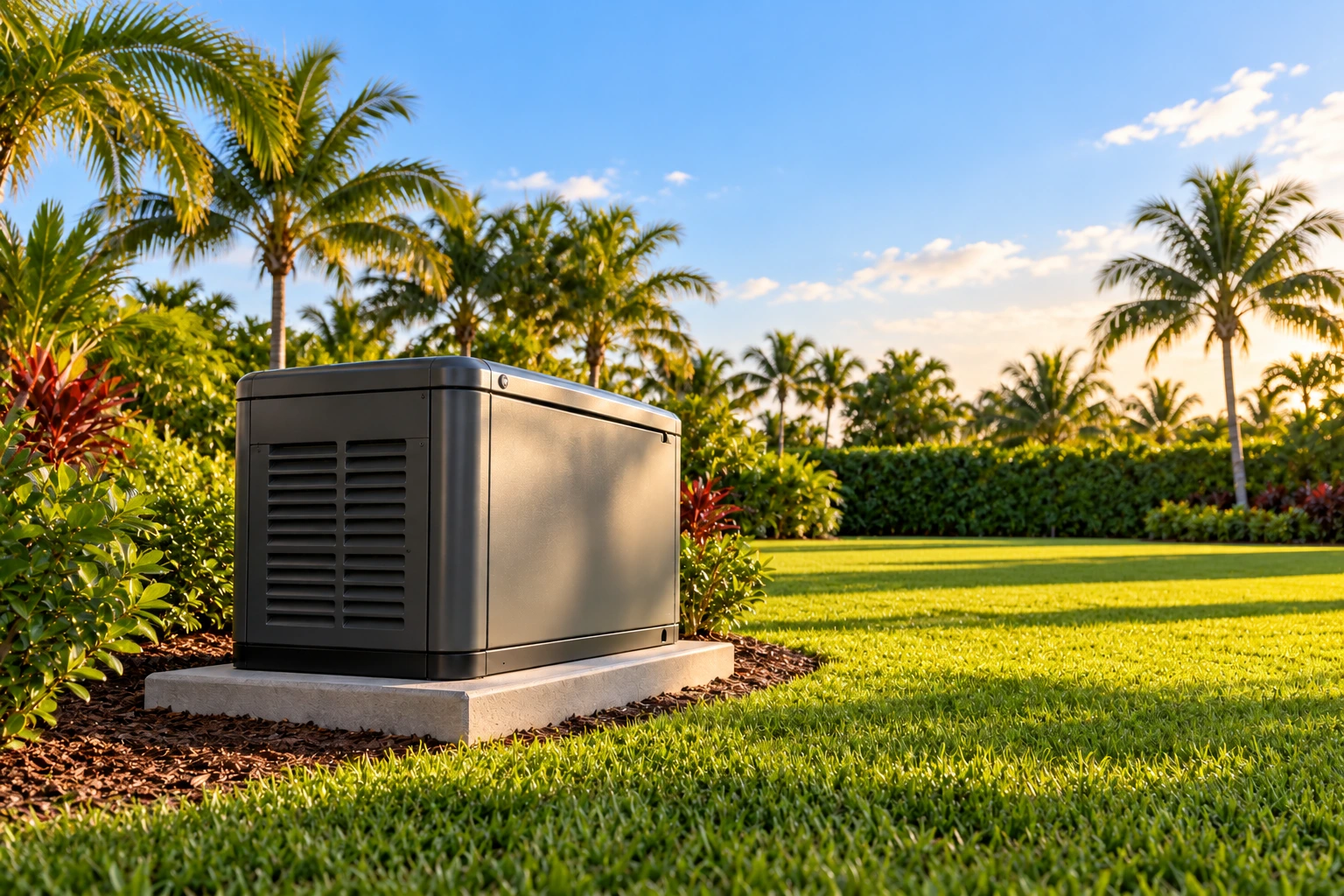 A closed generic standby generator enclosure in an open landscaped yard. Illustrative concept, not actual WiseMinds staff, customers or completed work.