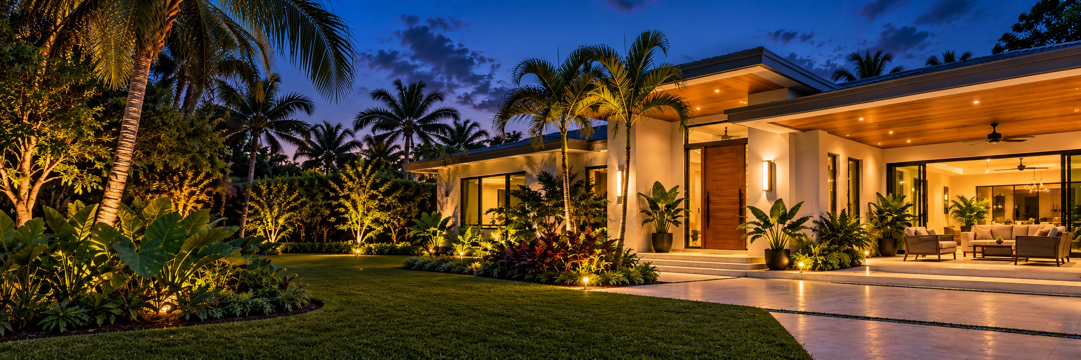 South Florida home and garden with warm architectural lighting at dusk. Illustrative concept, not actual WiseMinds staff, customers or completed work.