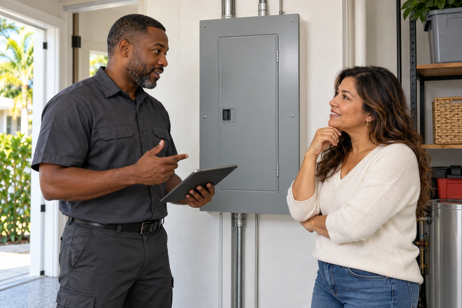 A Black electrical professional discussing a closed electrical panel with a Latina homeowner. Illustrative concept, not actual WiseMinds staff, customers or completed work.