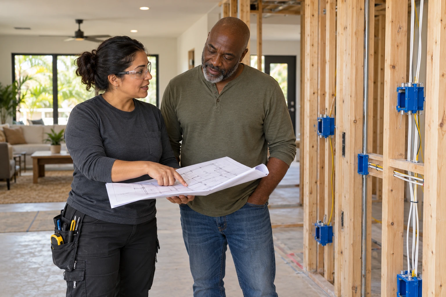 A Latina electrical professional and Black homeowner reviewing renovation plans. Illustrative concept, not actual WiseMinds staff, customers or completed work.