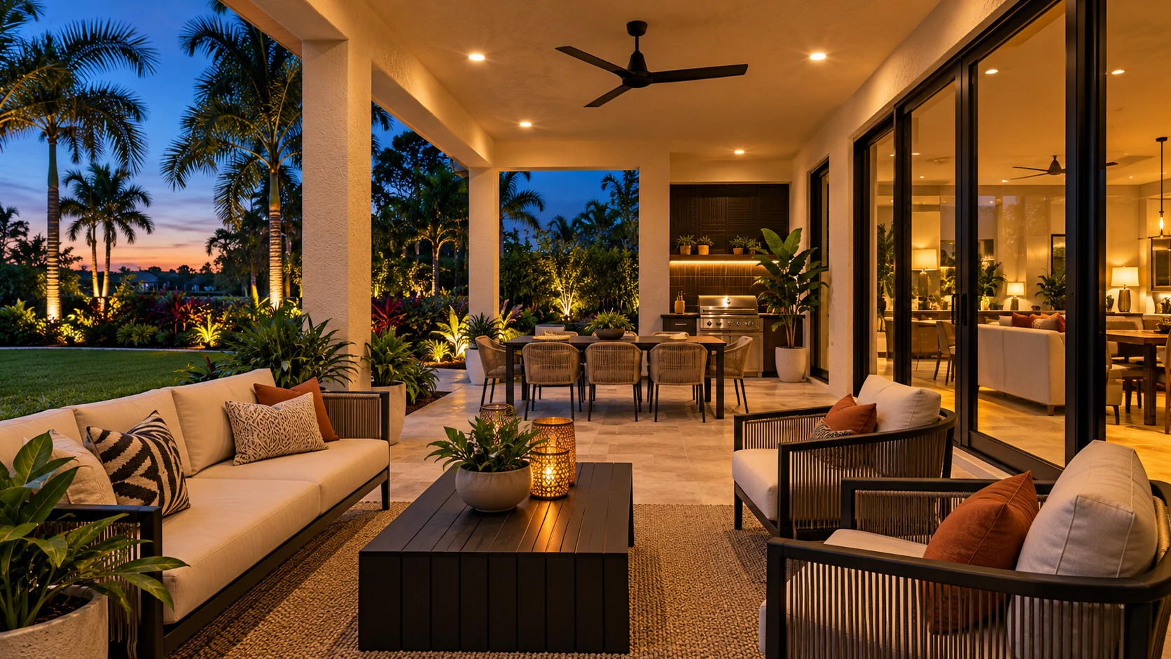 A covered South Florida patio with warm recessed lighting and outdoor furniture. Illustrative concept, not actual WiseMinds staff, customers or completed work.