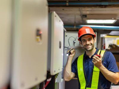 Electrical engineer working in control room. Electrical engineer man checking Power Distribution Cabinet in the control room