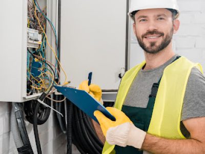 smiling handsome electrician holding clipboard near electrical box in corridor and looking at camera